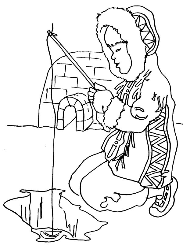600x814 Eskimo Girl Fishing In Ice Hole Coloring Pages