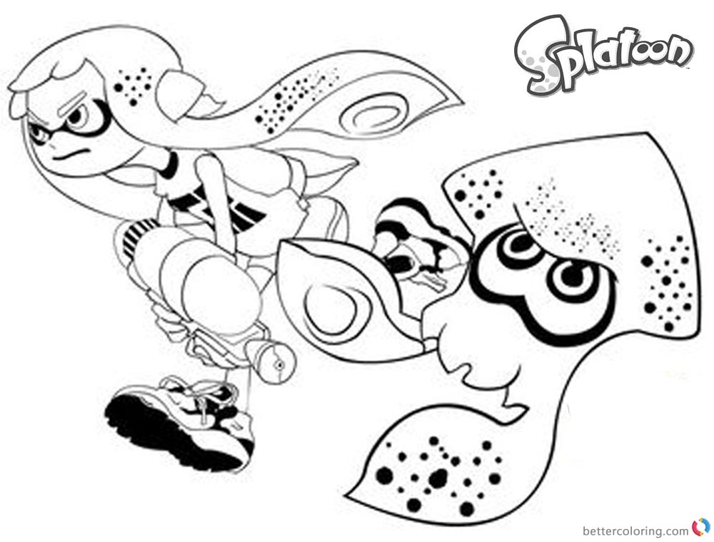 1000x760 Splatoon Coloring Pages Inkling Girl And Squid Running Free