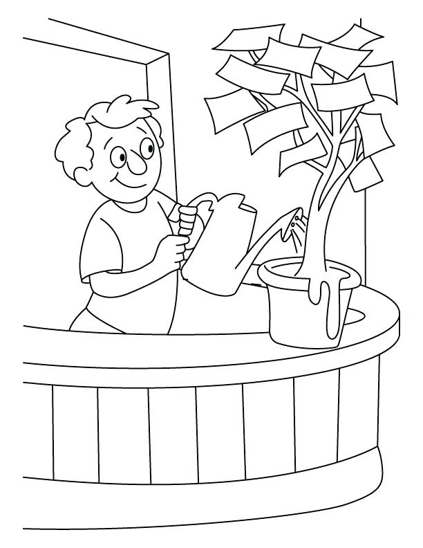 Money Coloring Pages A Boy Giving Water In The Money Plant 612x792 Money Coloring Pages A Boy Giving Water In The Money Plant