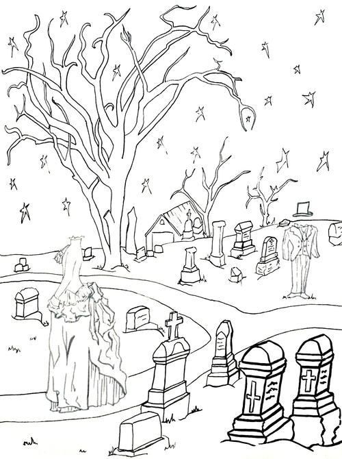 Ghostly Graveyard Coloring Page 500x670 Ghostly Graveyard Coloring Page