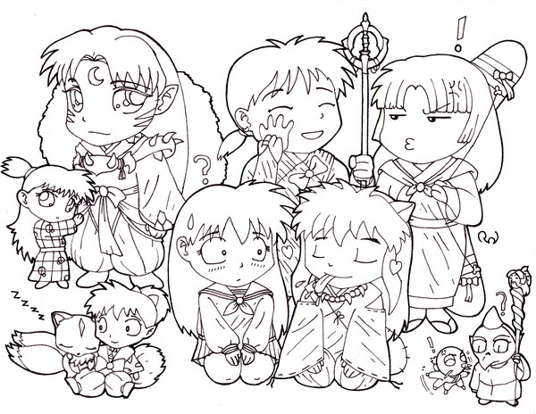 600x464 Chibi Inuyasha Group Coloring Page Lineart Digimon