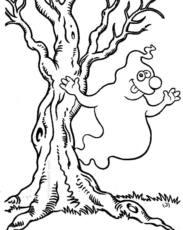 Hilarious White Ghost Beside The Tree On Halloween Day Coloring 600x752 Hilarious White Ghost Beside The Tree On Halloween Day Coloring