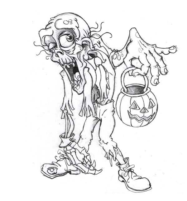 600x645 Zombie With Halloween Lantern Coloring Page Kids Play Color