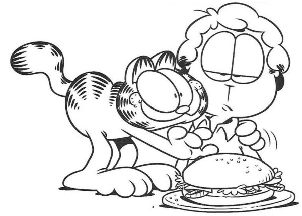 600x428 Garfield Serving Hamburger Coloring Page