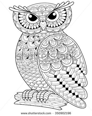 375x470 Decorative Owl. Adult Antistress Coloring Page. Black And White