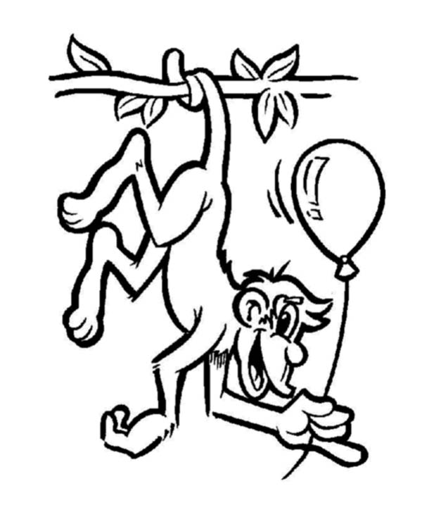 600x734 A Monkey Hanging On A Tree And Play A Balloon Coloring Page