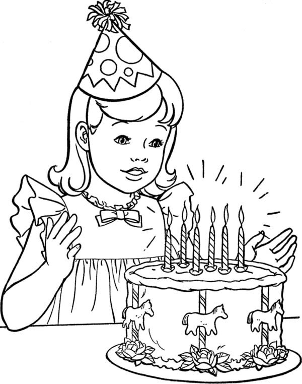 600x762 A Little Girl With Happy Birthday Cake Coloring Page Color Luna