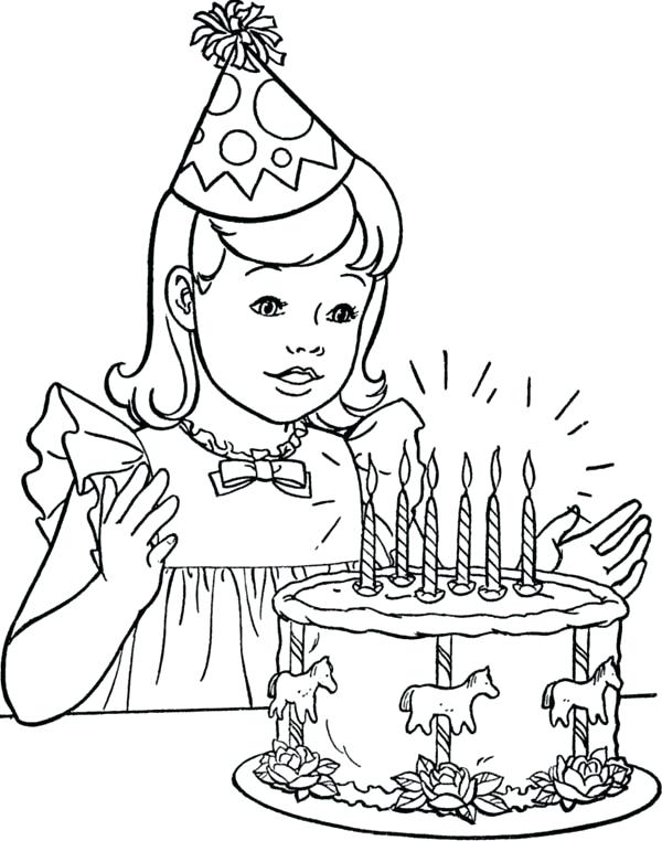 Girls Coloring Page A Little Girl With Happy Birthday Cake 600x762 Girls Coloring Page A Little Girl With Happy Birthday Cake