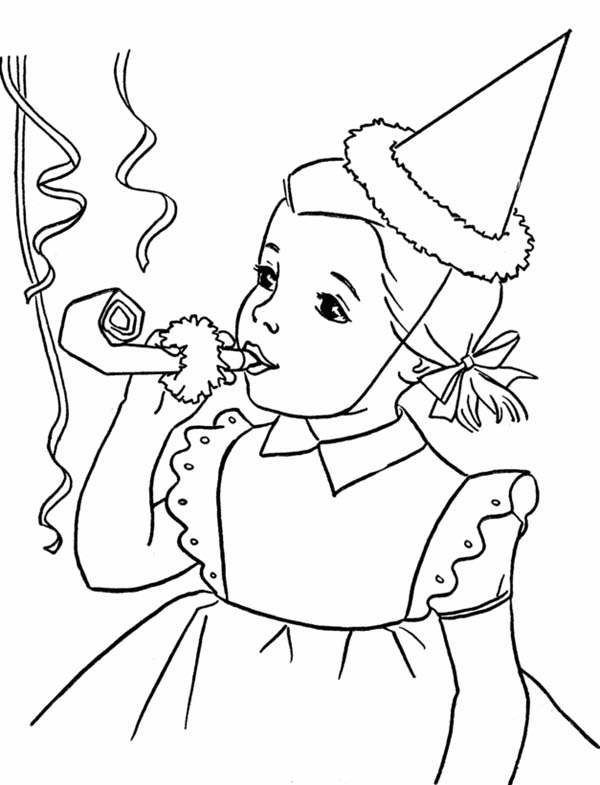 Happy Birthday Girl Blowing A Horn Coloring Page Color Luna 600x785 Happy Birthday Girl Blowing A Horn Coloring Page Color Luna