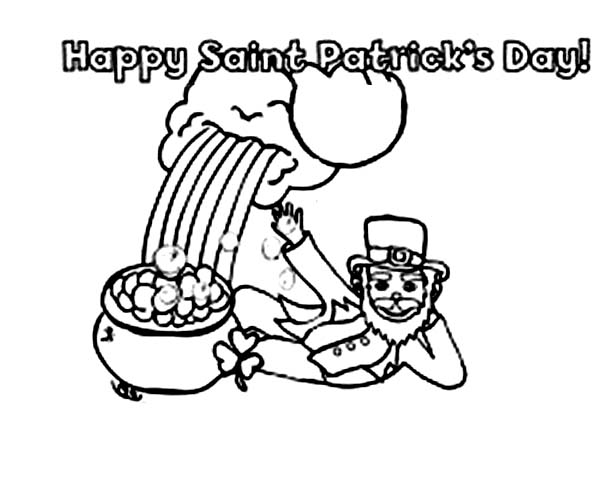 Leprechaun And Pot Of Gold Say Happy St Patricks Day Coloring Page 600x485 Leprechaun And Pot Of Gold Say Happy St Patricks Day Coloring Page