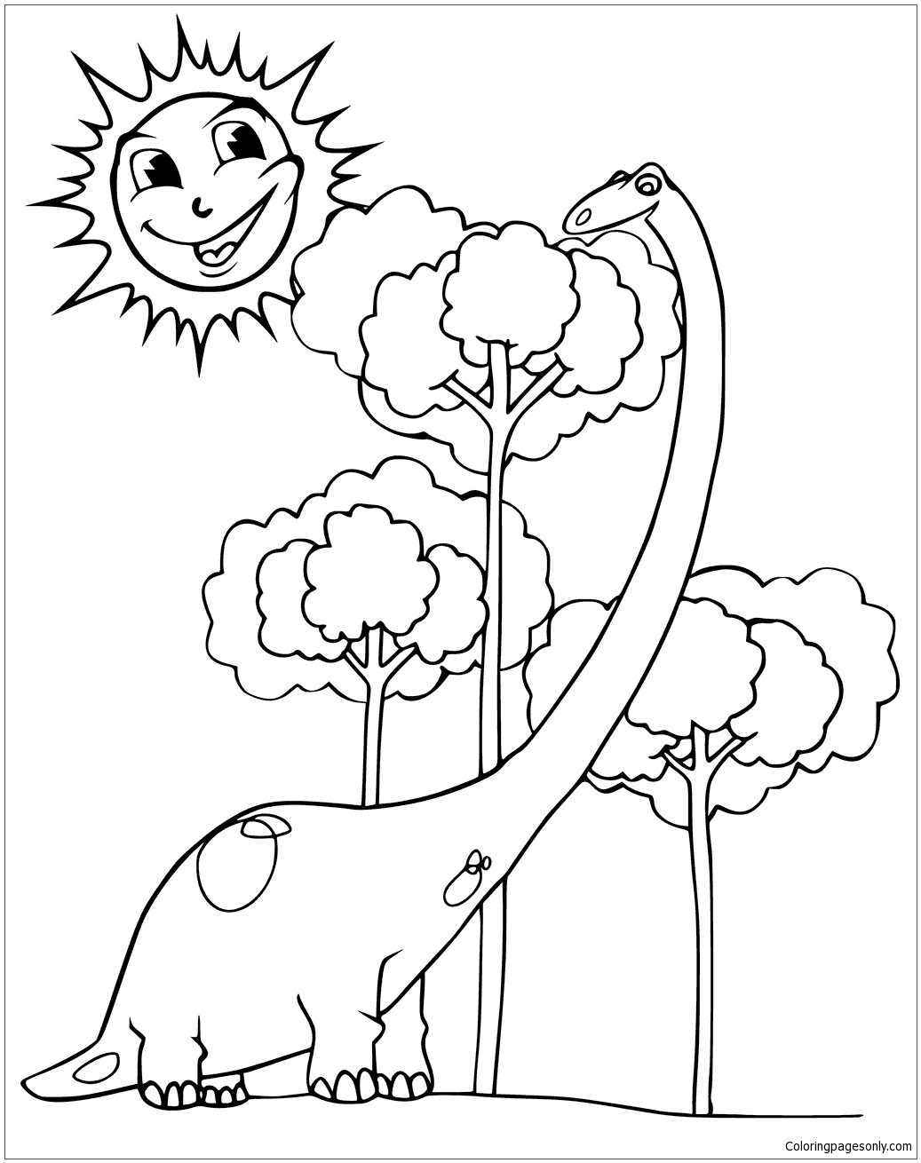 Happy Diplodocus And Smiling Sun Coloring Page 1037x1310 Happy Diplodocus And Smiling Sun Coloring Page