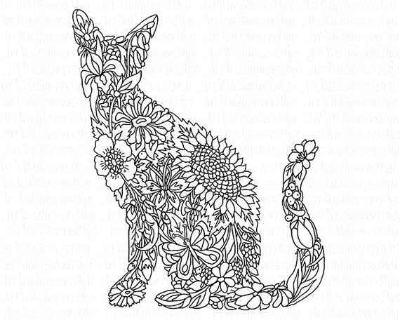 570x456 Cat Coloring Pages Cat Coloring Page Digital Stamp Wildflower By