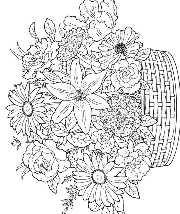 736x875 Hard Flower Coloring Pages Floral Coloring Pages Flowers In Basket