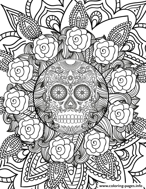 612x792 Adult Halloween Hard Sugar Skull Flowers Coloring Pages Printable