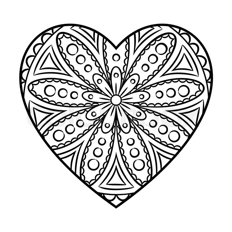 800x800 Doodle Heart Mandala Coloring Page. Outline Floral Design Element