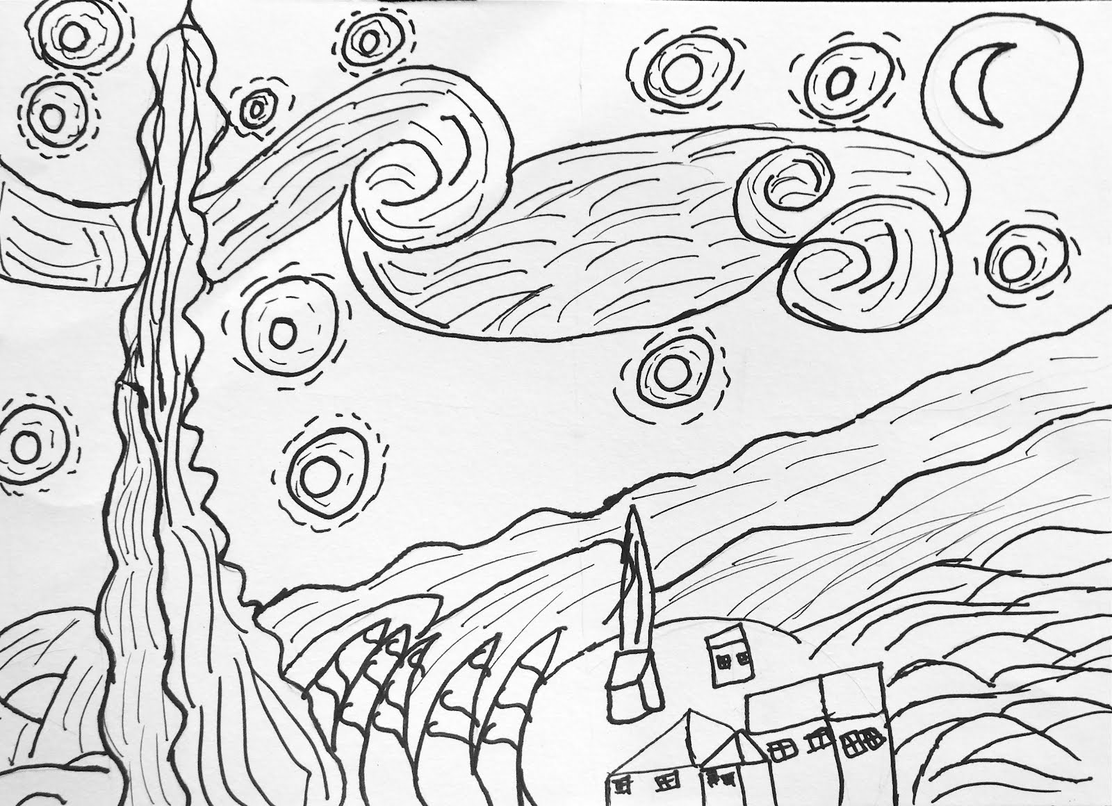 1600x1160 Starry Night Coloring Page