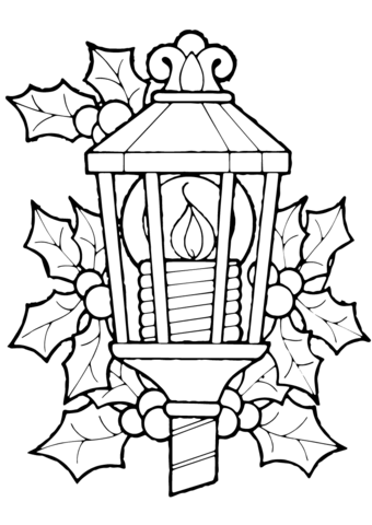 340x480 Christmas Lantern And Holly Coloring Page Coloring Sheets