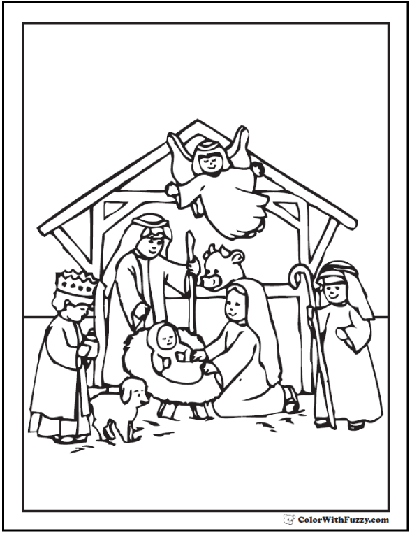 590x762 Nativity Scene Coloring Sheet Angel And Holy Family
