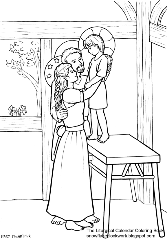 577x826 Snowflake Clockwork Holy Family Coloring Page, December Pages
