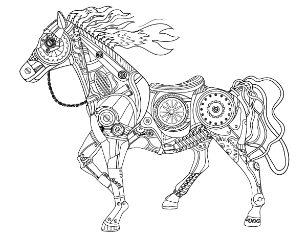 600x464 Free Printable Steampunk Horse Adult Coloring Page. Download It