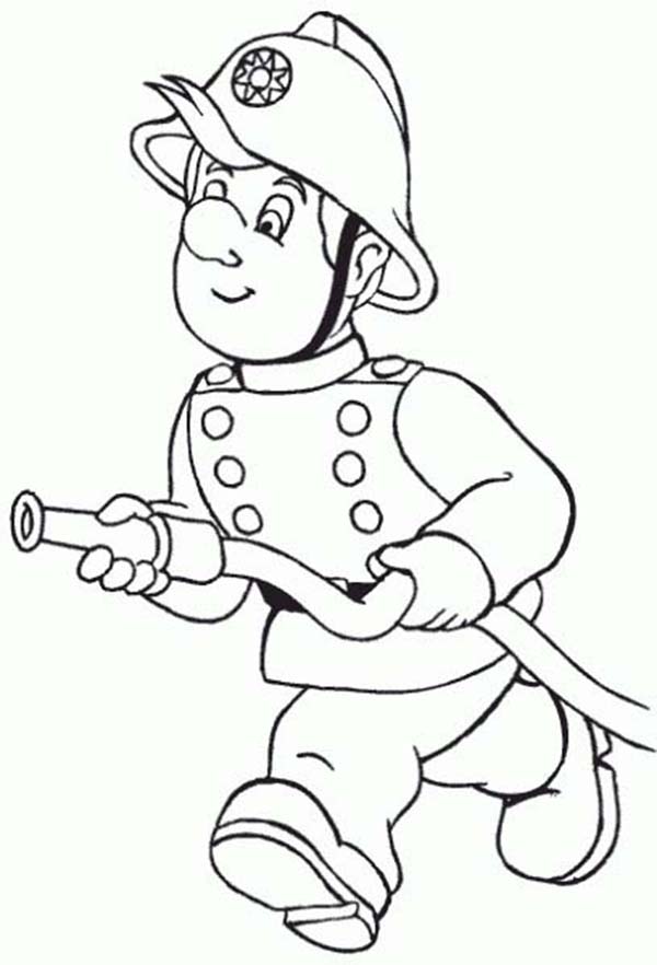 600x882 Fireman, Fireman Running With Water Hose Coloring Page For Use