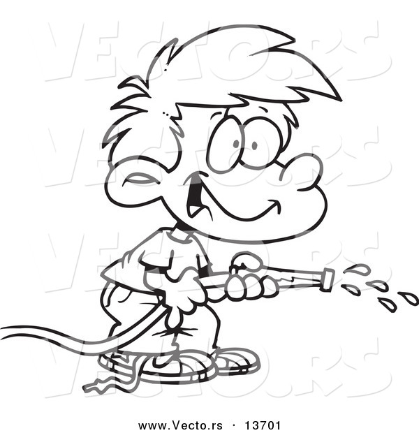 600x620 Vector Of A Cartoon Boy Using A Garden Hose To Water