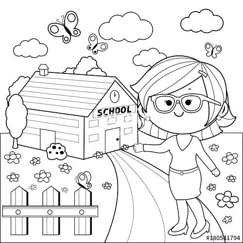 School Building Coloring Pages Teacher In Front Of School Building 500x500 School Building Coloring Pages Teacher In Front Of School Building