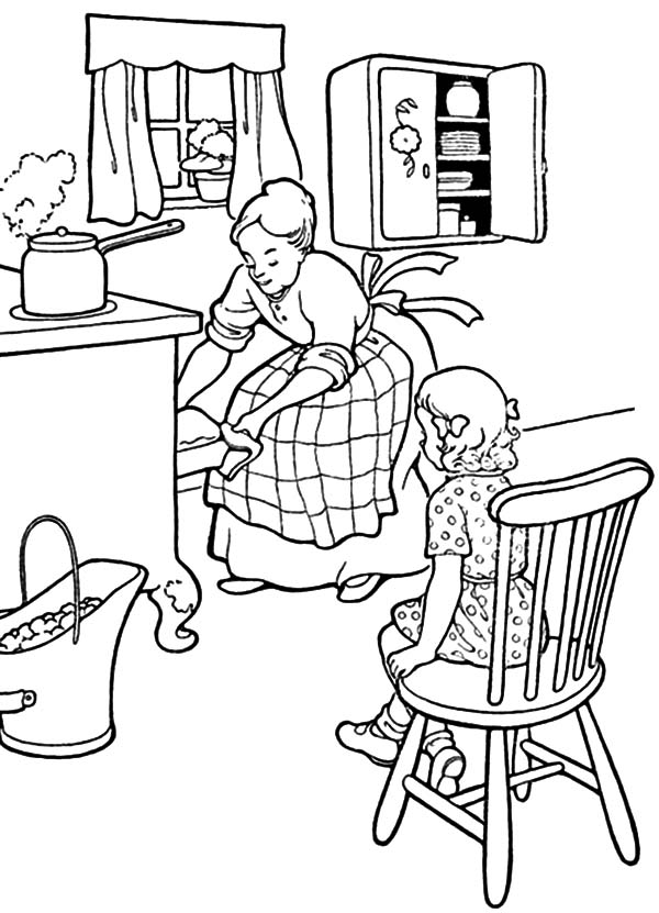 600x831 Mother And Daughter Baking Cookie In The Kitchen Coloring Pages