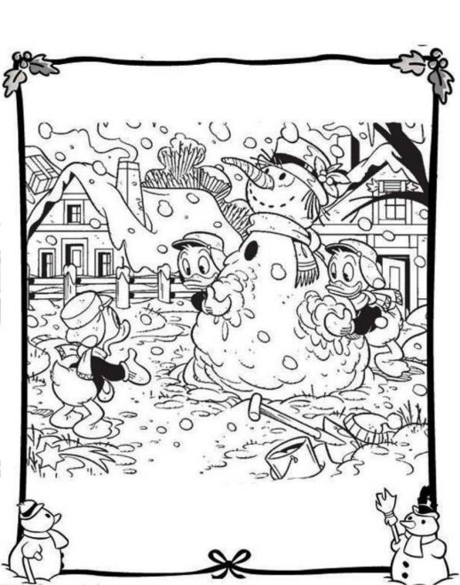 Huey Dewey And Louie Duck With Christmas Snowman Disney Coloring 518x659 Huey Dewey And Louie Duck With Christmas Snowman Disney Coloring