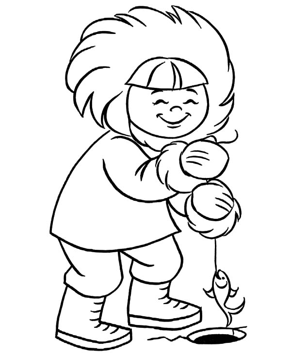 600x734 Eskimo Girl Ice Fishing Coloring Pages