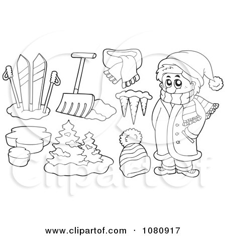 450x470 Clipart Outlined Winter Man With Skis Shovel Icicles And A Hat