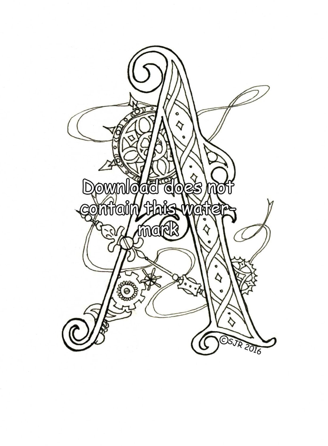1102x1500 Steampunk Coloring Page Letter A Ink Illustrations, Hand Drawn