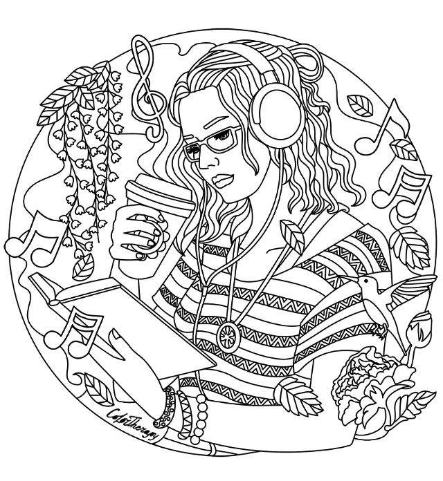 640x696 Listening To Music Coloring Page Coloring Pages For Adults