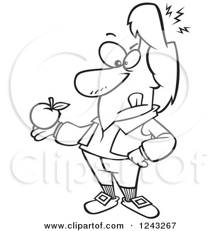 450x470 Clipart Of A Black And White Cartoon Isaac Newton Holding An Apple