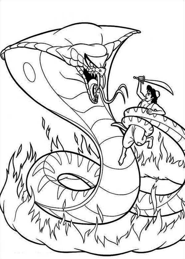 600x838 Jafar In Form Of Giant Cobra Fights Aladdin Coloring Page