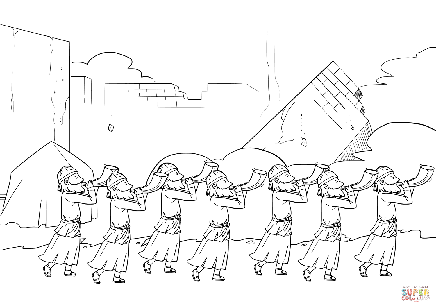 1500x1060 Seven Priests Blow Their Trumpets In Jericho Coloring Page