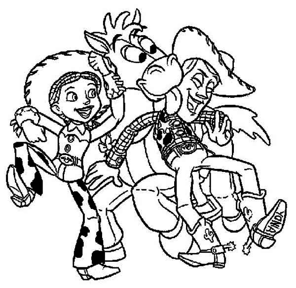 600x583 Jessie, Bullseye And Woody Are Dancing In Toy Story Coloring Page