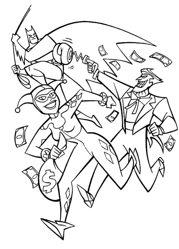 Joker And Harley Quinn Pursued By Batman Coloring Page 600x835 Joker And Harley Quinn Pursued By Batman Coloring Page