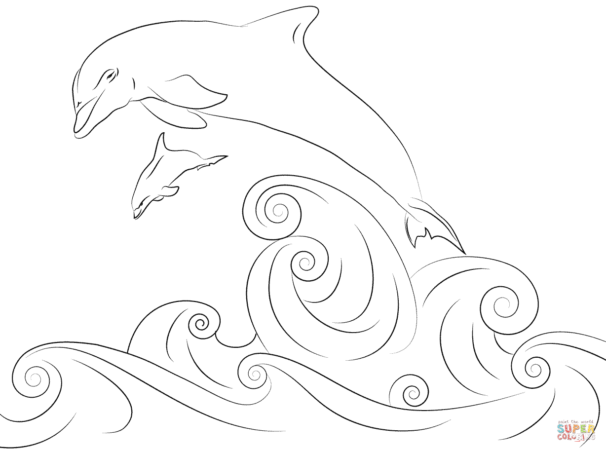 1228x916 Dolphin And Several Little Fish Coloring Page Free Printable