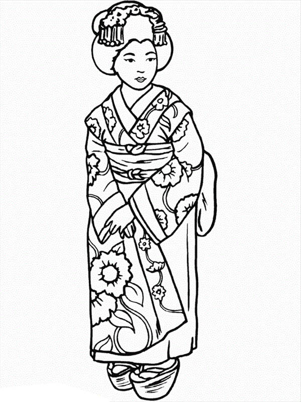 Beautiful Geisha Wearing Kimono Coloring Page 600x799 Beautiful Geisha Wearing Kimono Coloring Page