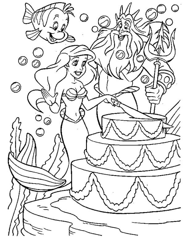 600x770 Ariel Cutting Birthday Cake For King Triton Coloring Page