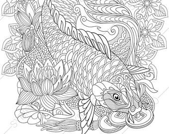 340x270 Adult Coloring Pages. Carp Koi Fish. Zentangle Doodle Coloring