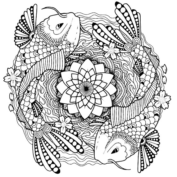 570x570 Koi Coloring Page For Adults, Tattoo Adult Coloring Page, Koi