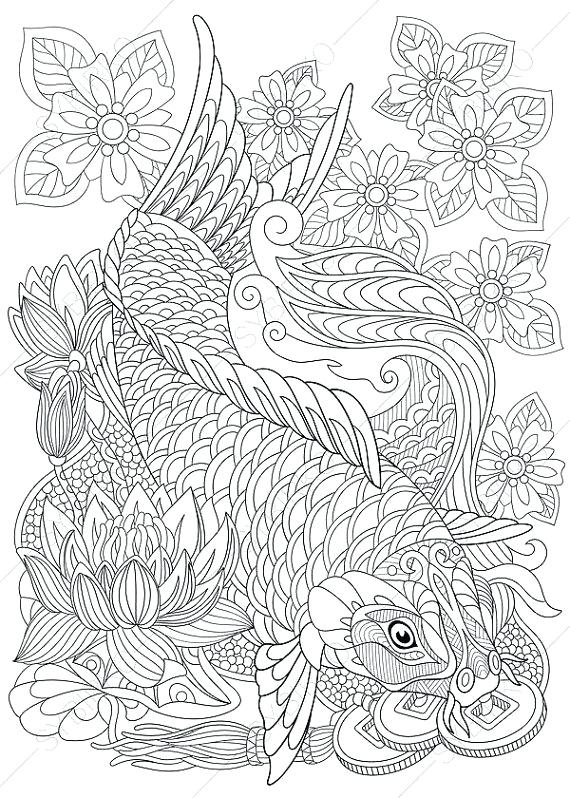 570x798 Koi Fish Coloring Pages Carp Fish Coloring Page Adult Coloring By