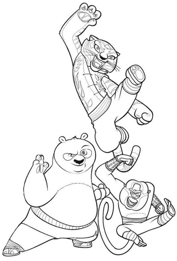 600x882 Po And Tigress And Monkey From Kung Fu Panda Coloring Page