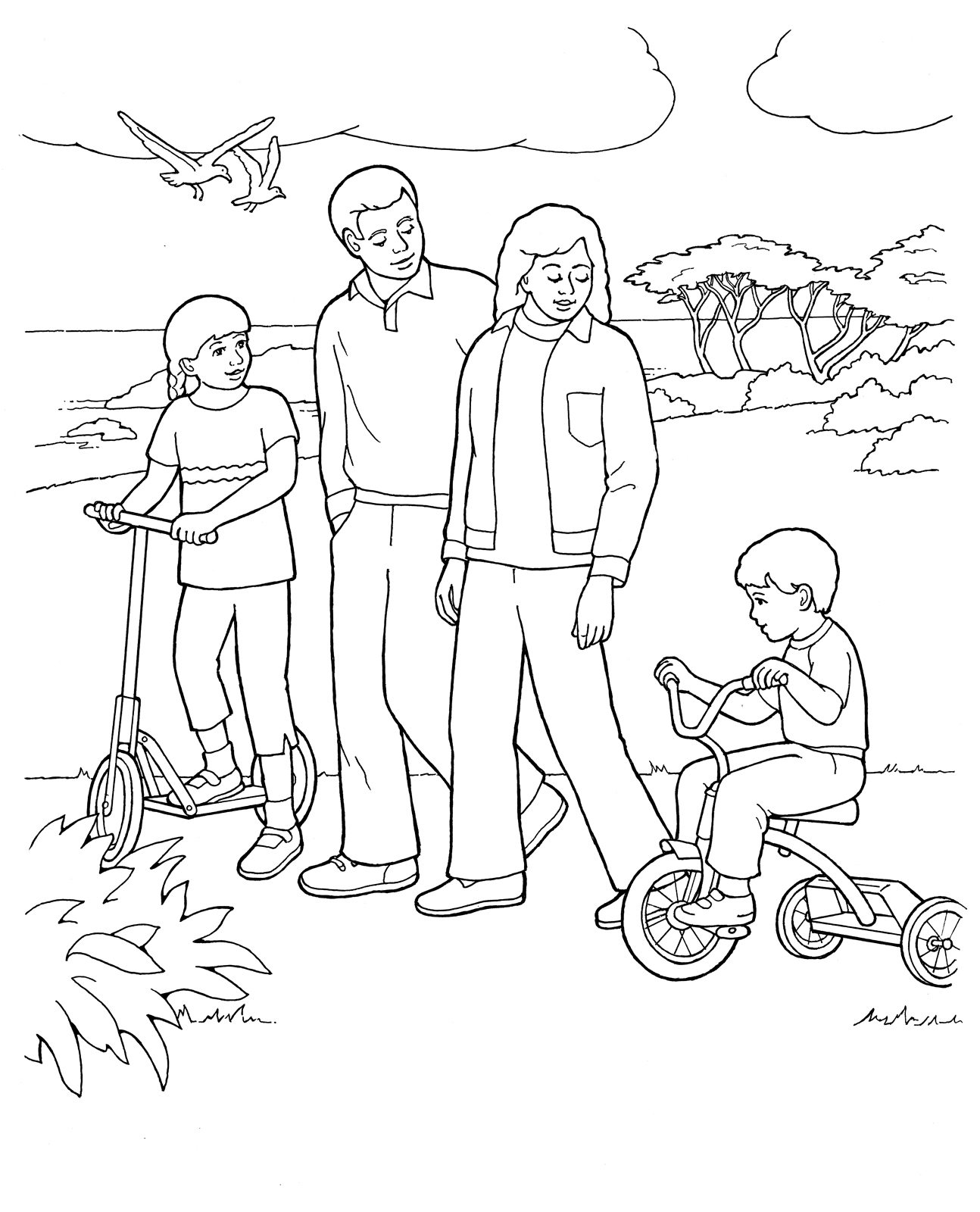 1294x1600 Primary Coloring Page. Family Walking Together