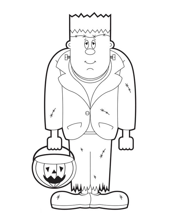 Frankenstein With Pumpkin Lamp Coloring Page 600x776 Frankenstein With Pumpkin Lamp Coloring Page