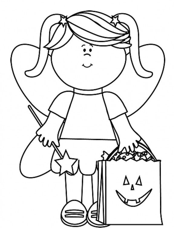 Little Halloween Fairy With Trick Or Throw Bag Coloring Page 575x752 Little Halloween Fairy With Trick Or Throw Bag Coloring Page