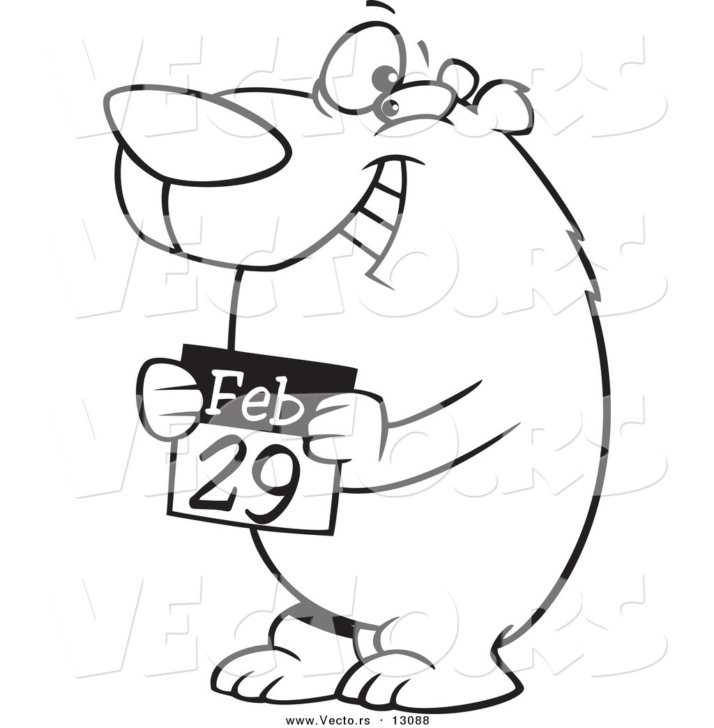 Vector Of A Cartoon Black And White Outline Leap Day Bear Holding 1024x1044 Vector Of A Cartoon Black And White Outline Leap Day Bear Holding