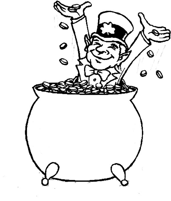 600x706 Happy Leprechaun Bathe In Coins Inside A Pot Of Gold Coloring Page